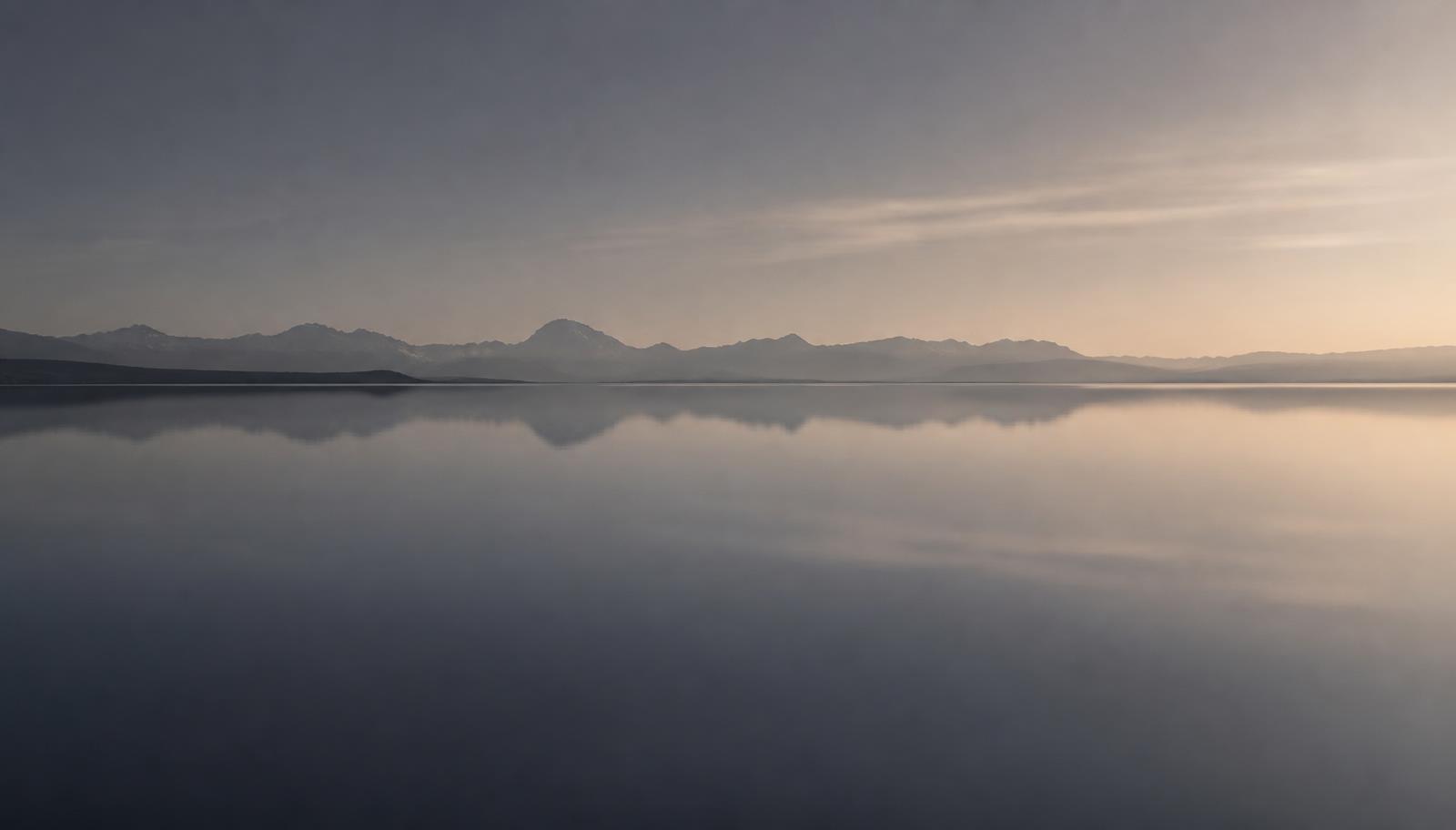 Still water at dawn beneath a distant alpine horizon